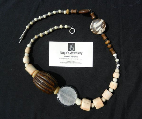 Necklace of  agate, white coral, bone, jade, silver and beach glass